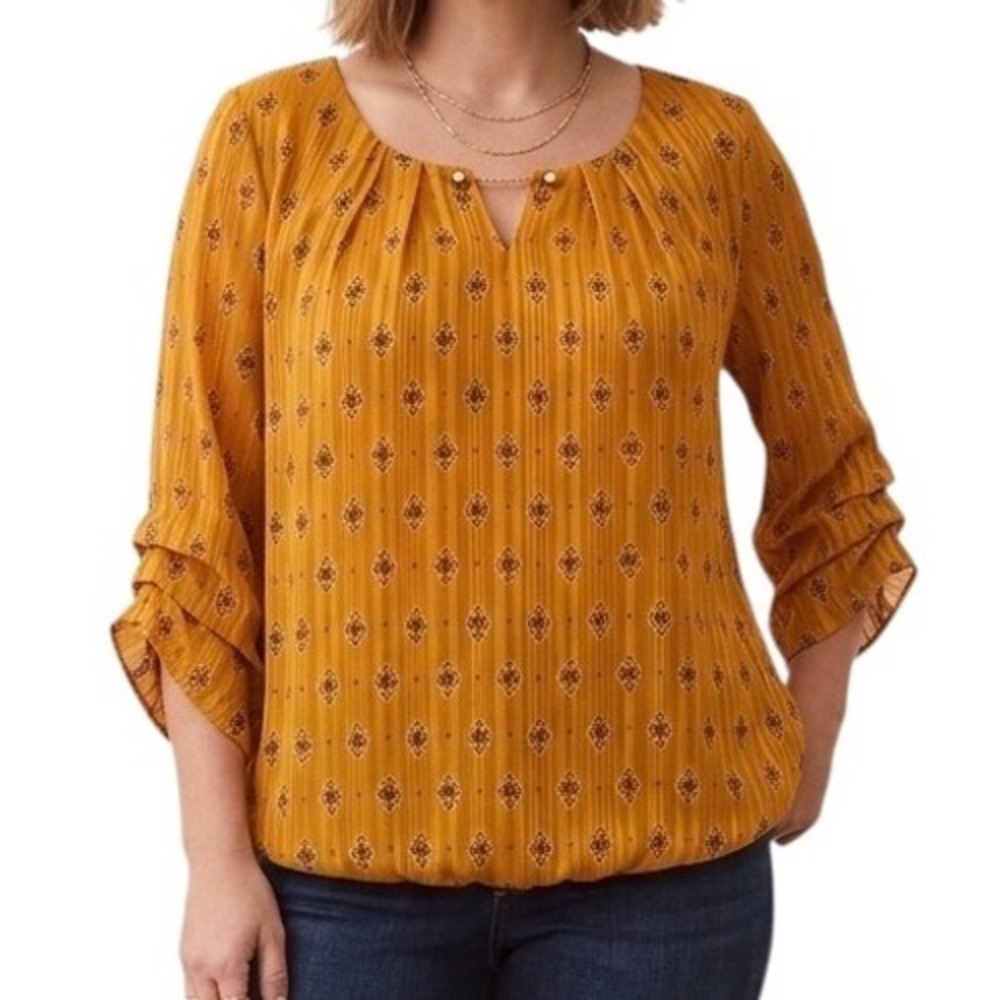 Roz & Ali Womens XL Gold Geometric Stripe Metallic Ruffle Blouse Office Top